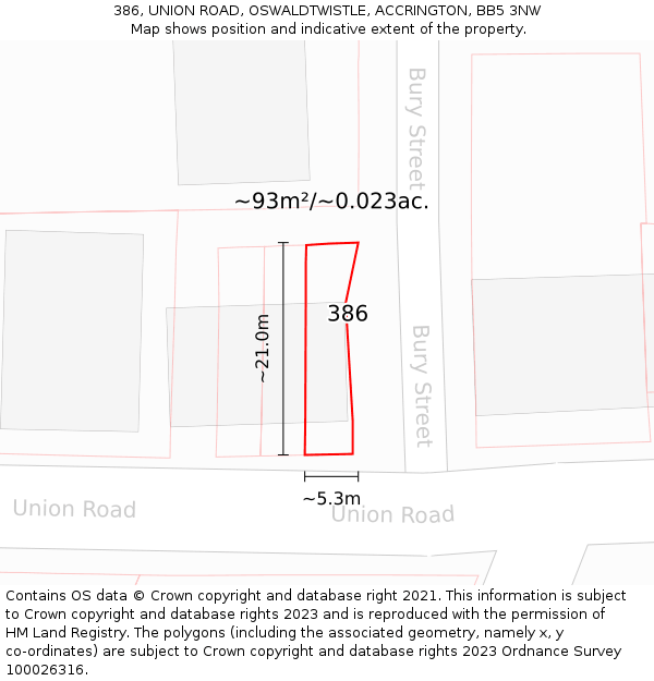 386, UNION ROAD, OSWALDTWISTLE, ACCRINGTON, BB5 3NW: Plot and title map