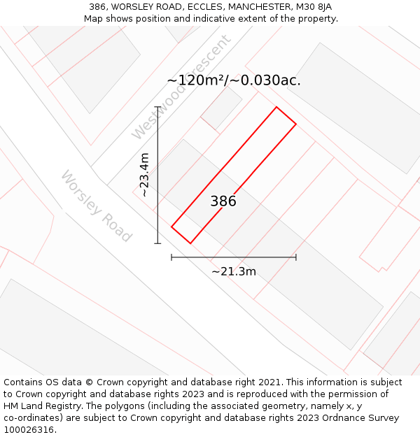 386, WORSLEY ROAD, ECCLES, MANCHESTER, M30 8JA: Plot and title map