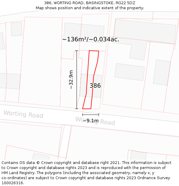 386, WORTING ROAD, BASINGSTOKE, RG22 5DZ: Plot and title map