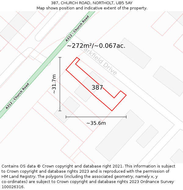 387, CHURCH ROAD, NORTHOLT, UB5 5AY: Plot and title map