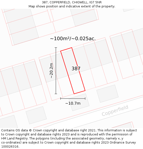 387, COPPERFIELD, CHIGWELL, IG7 5NR: Plot and title map