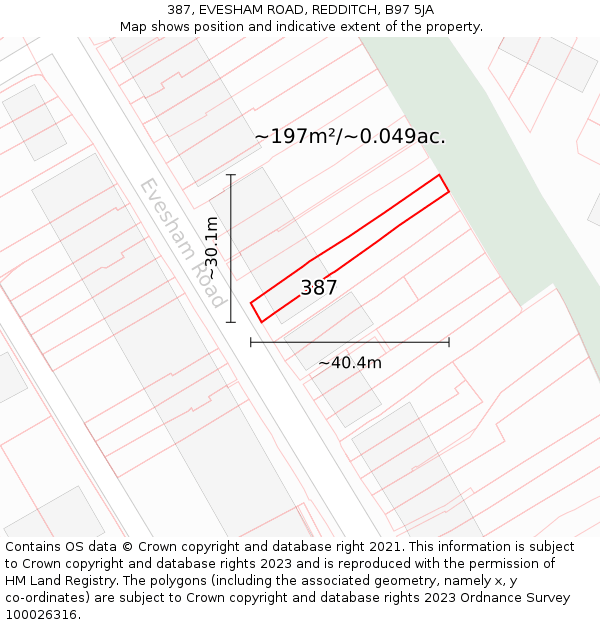 387, EVESHAM ROAD, REDDITCH, B97 5JA: Plot and title map