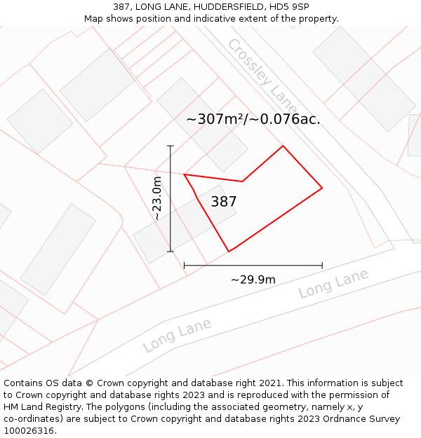 387, LONG LANE, HUDDERSFIELD, HD5 9SP: Plot and title map