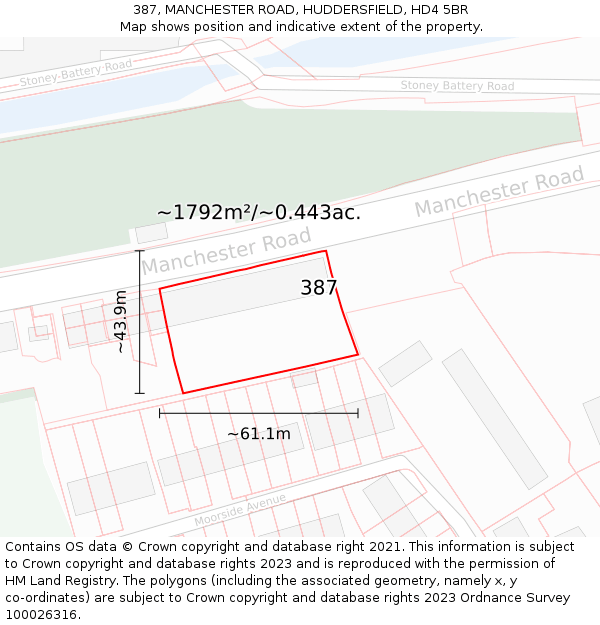 387, MANCHESTER ROAD, HUDDERSFIELD, HD4 5BR: Plot and title map