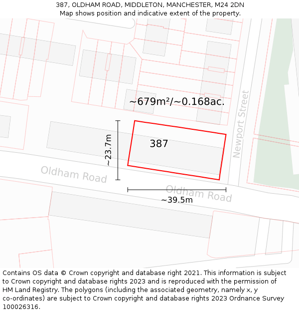 387, OLDHAM ROAD, MIDDLETON, MANCHESTER, M24 2DN: Plot and title map
