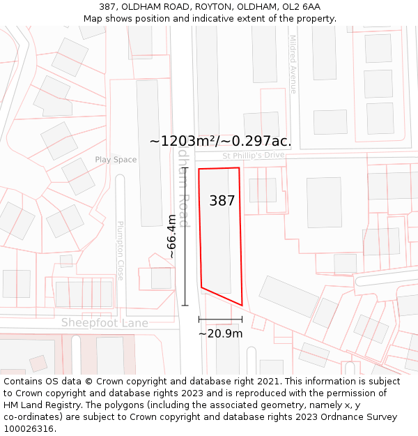387, OLDHAM ROAD, ROYTON, OLDHAM, OL2 6AA: Plot and title map