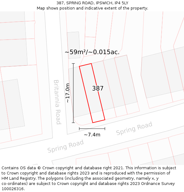 387, SPRING ROAD, IPSWICH, IP4 5LY: Plot and title map