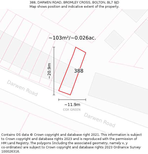 388, DARWEN ROAD, BROMLEY CROSS, BOLTON, BL7 9JD: Plot and title map