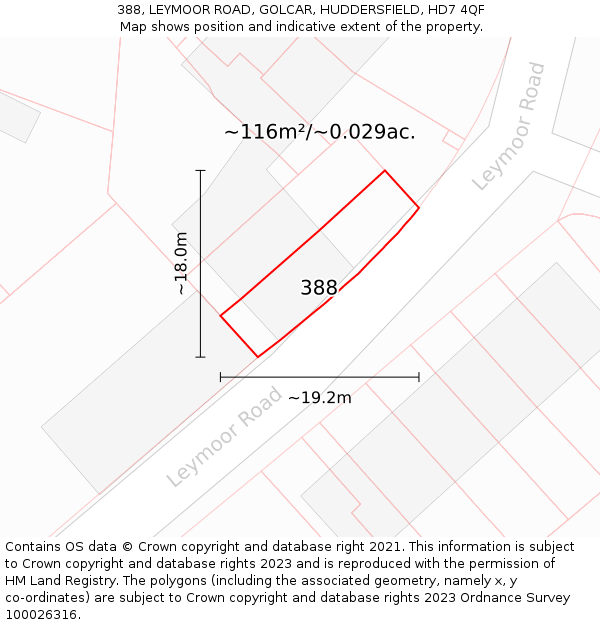 388, LEYMOOR ROAD, GOLCAR, HUDDERSFIELD, HD7 4QF: Plot and title map
