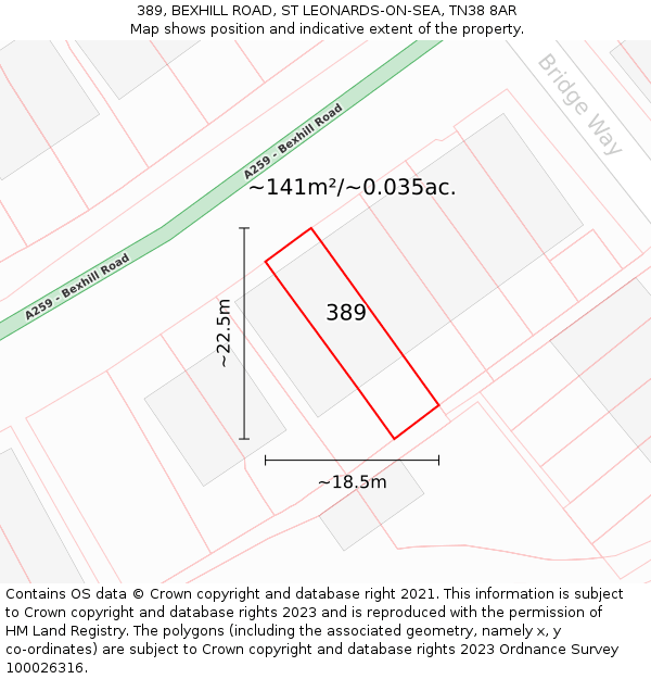 389, BEXHILL ROAD, ST LEONARDS-ON-SEA, TN38 8AR: Plot and title map