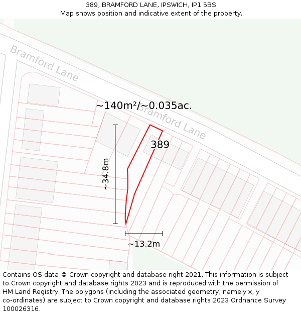 389, BRAMFORD LANE, IPSWICH, IP1 5BS: Plot and title map