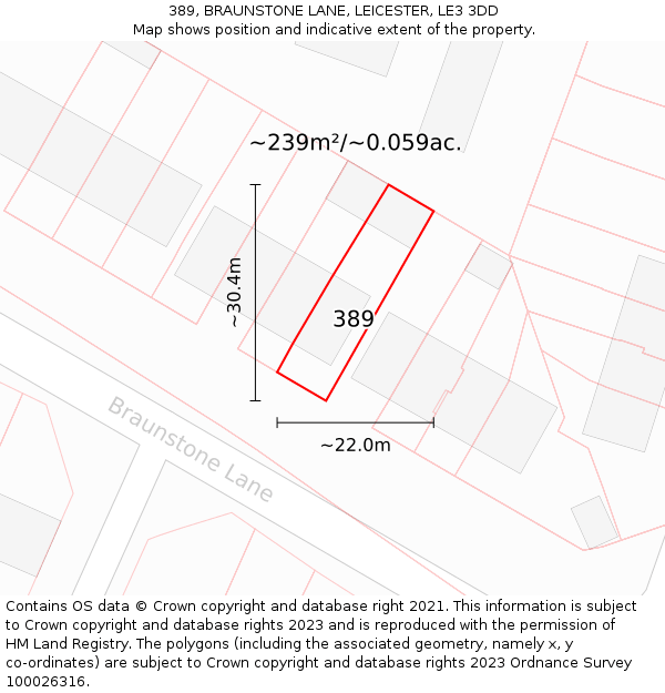 389, BRAUNSTONE LANE, LEICESTER, LE3 3DD: Plot and title map