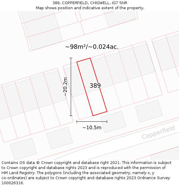 389, COPPERFIELD, CHIGWELL, IG7 5NR: Plot and title map