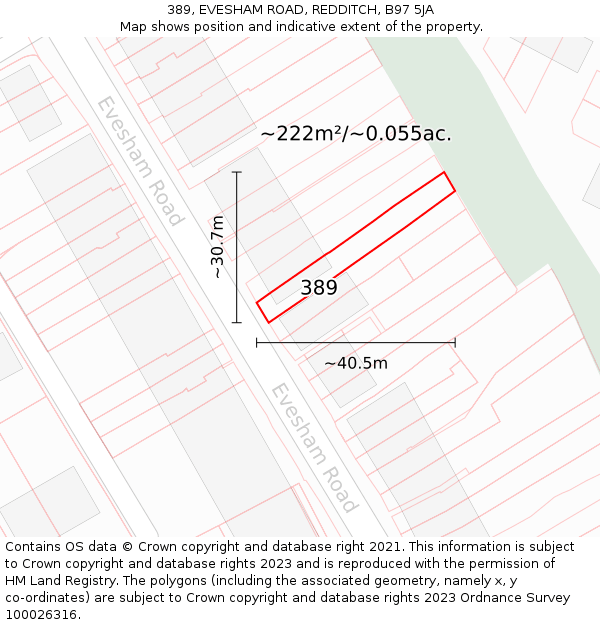389, EVESHAM ROAD, REDDITCH, B97 5JA: Plot and title map