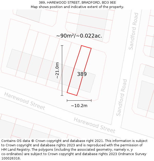 389, HAREWOOD STREET, BRADFORD, BD3 9EE: Plot and title map