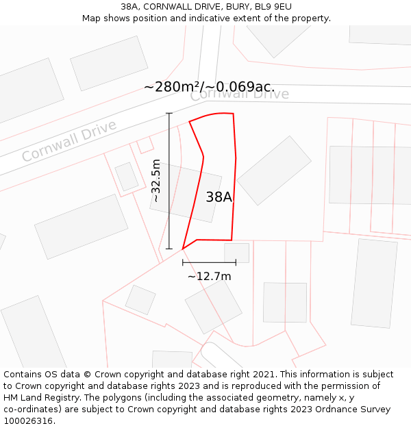 38A, CORNWALL DRIVE, BURY, BL9 9EU: Plot and title map