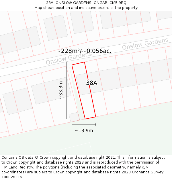 38A, ONSLOW GARDENS, ONGAR, CM5 9BQ: Plot and title map