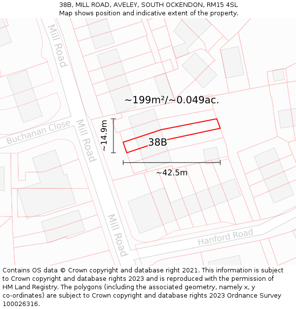 38B, MILL ROAD, AVELEY, SOUTH OCKENDON, RM15 4SL: Plot and title map