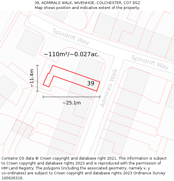 39, ADMIRALS WALK, WIVENHOE, COLCHESTER, CO7 9SZ: Plot and title map