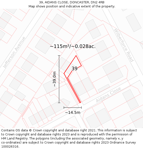 39, AIDANS CLOSE, DONCASTER, DN2 4RB: Plot and title map