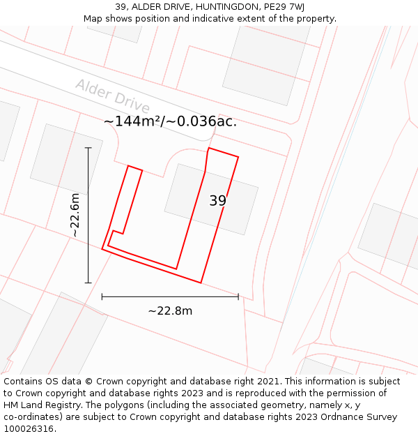 39, ALDER DRIVE, HUNTINGDON, PE29 7WJ: Plot and title map