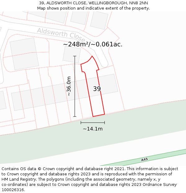 39, ALDSWORTH CLOSE, WELLINGBOROUGH, NN8 2NN: Plot and title map