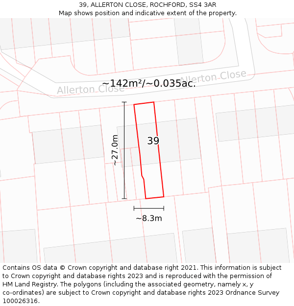 39, ALLERTON CLOSE, ROCHFORD, SS4 3AR: Plot and title map