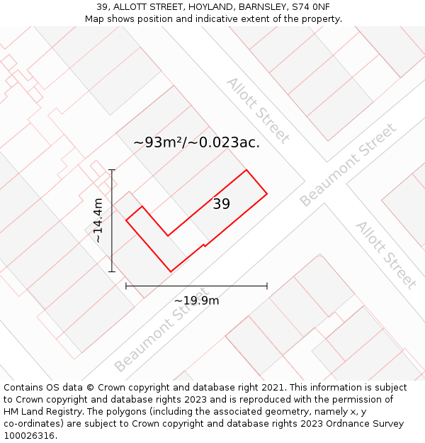 39, ALLOTT STREET, HOYLAND, BARNSLEY, S74 0NF: Plot and title map