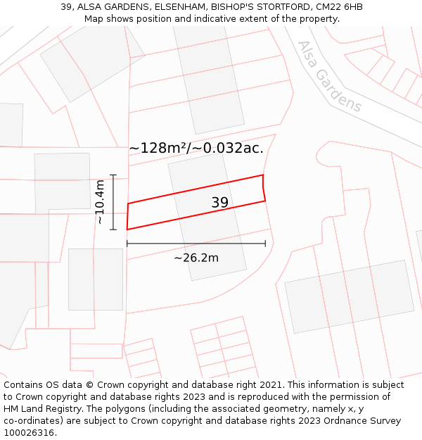 39, ALSA GARDENS, ELSENHAM, BISHOP'S STORTFORD, CM22 6HB: Plot and title map