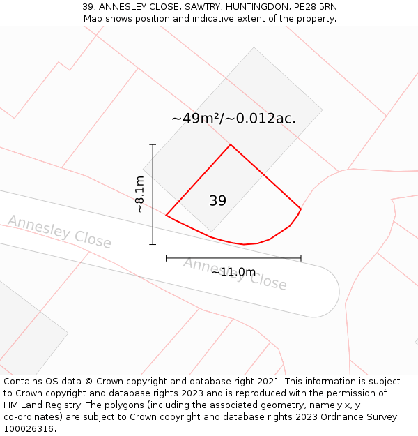 39, ANNESLEY CLOSE, SAWTRY, HUNTINGDON, PE28 5RN: Plot and title map