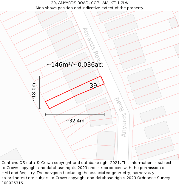 39, ANYARDS ROAD, COBHAM, KT11 2LW: Plot and title map