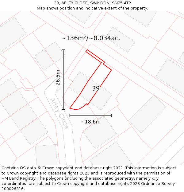 39, ARLEY CLOSE, SWINDON, SN25 4TP: Plot and title map