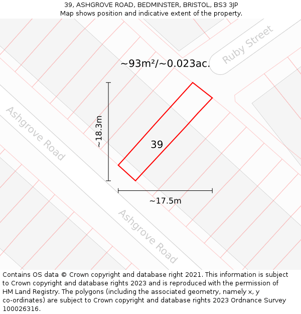 39, ASHGROVE ROAD, BEDMINSTER, BRISTOL, BS3 3JP: Plot and title map