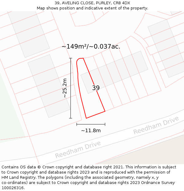 39, AVELING CLOSE, PURLEY, CR8 4DX: Plot and title map