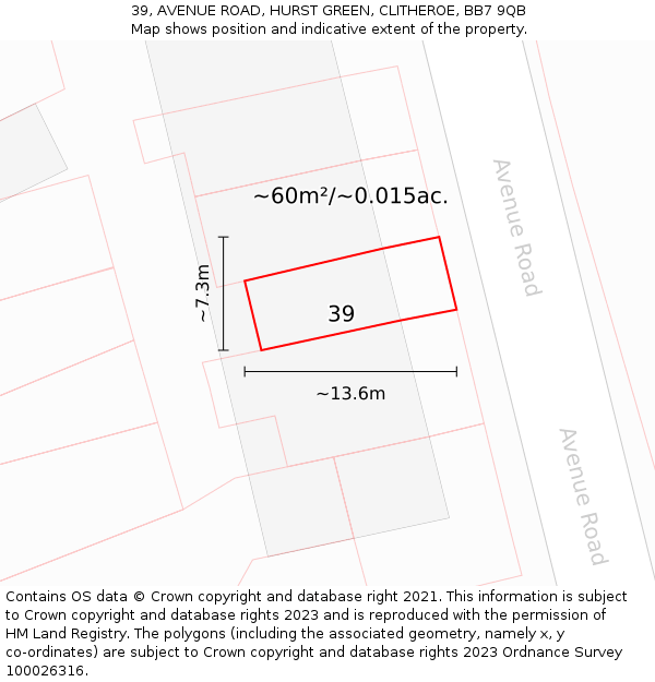 39, AVENUE ROAD, HURST GREEN, CLITHEROE, BB7 9QB: Plot and title map