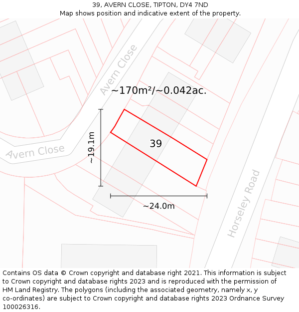 39, AVERN CLOSE, TIPTON, DY4 7ND: Plot and title map