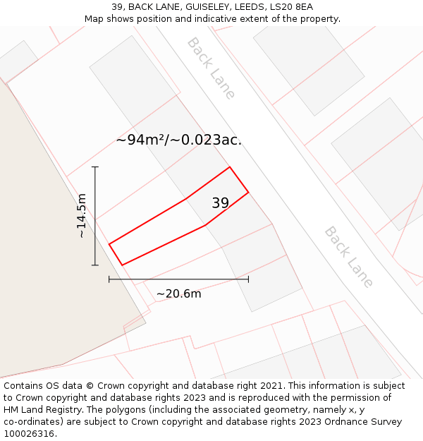 39, BACK LANE, GUISELEY, LEEDS, LS20 8EA: Plot and title map