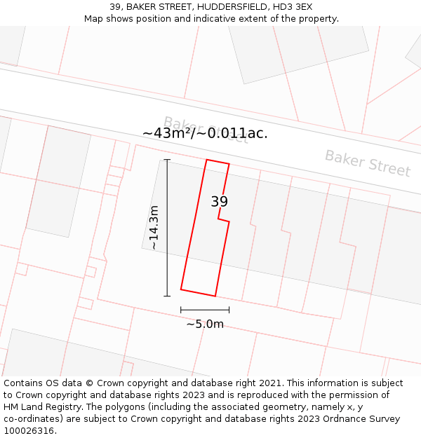 39, BAKER STREET, HUDDERSFIELD, HD3 3EX: Plot and title map