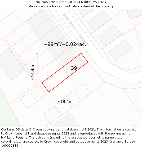 39, BAMBOO CRESCENT, BRAINTREE, CM7 1GP: Plot and title map