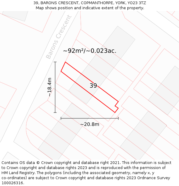 39, BARONS CRESCENT, COPMANTHORPE, YORK, YO23 3TZ: Plot and title map
