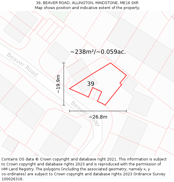 39, BEAVER ROAD, ALLINGTON, MAIDSTONE, ME16 0XR: Plot and title map