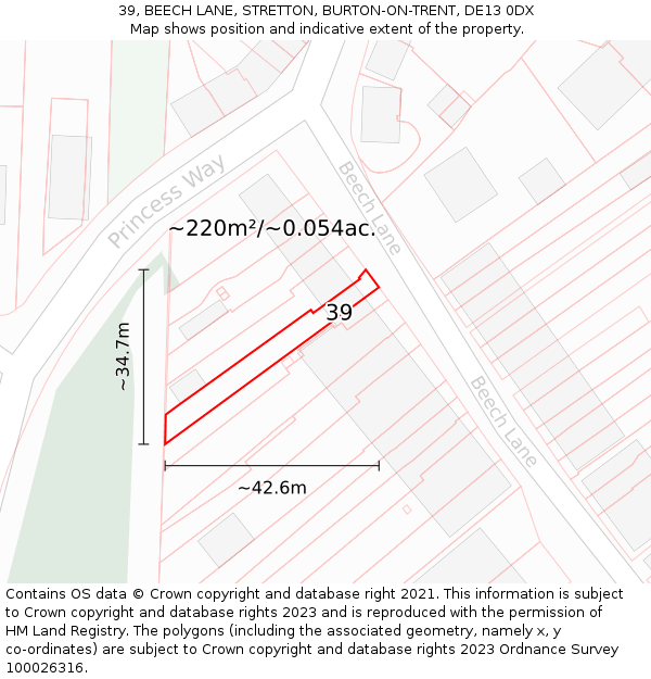 39, BEECH LANE, STRETTON, BURTON-ON-TRENT, DE13 0DX: Plot and title map