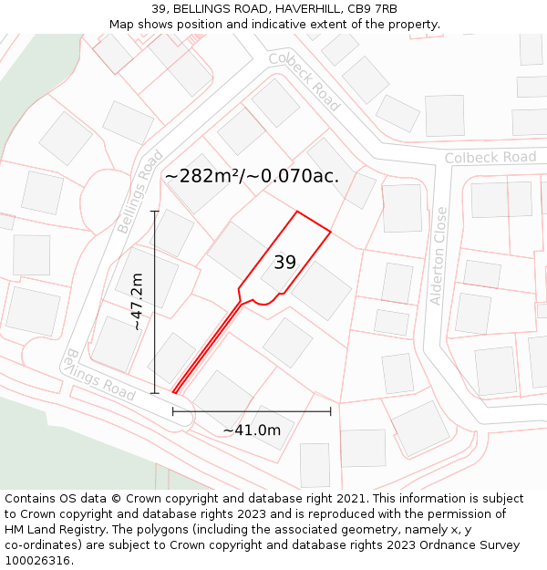 39, BELLINGS ROAD, HAVERHILL, CB9 7RB: Plot and title map