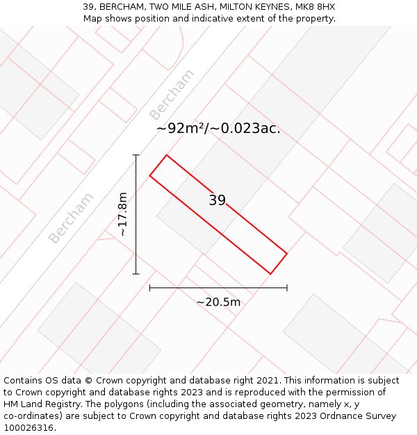 39, BERCHAM, TWO MILE ASH, MILTON KEYNES, MK8 8HX: Plot and title map