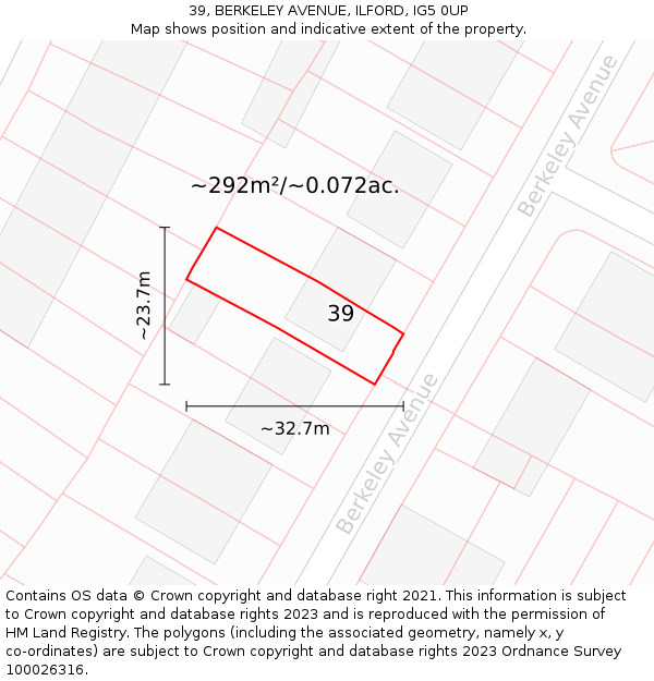 39, BERKELEY AVENUE, ILFORD, IG5 0UP: Plot and title map