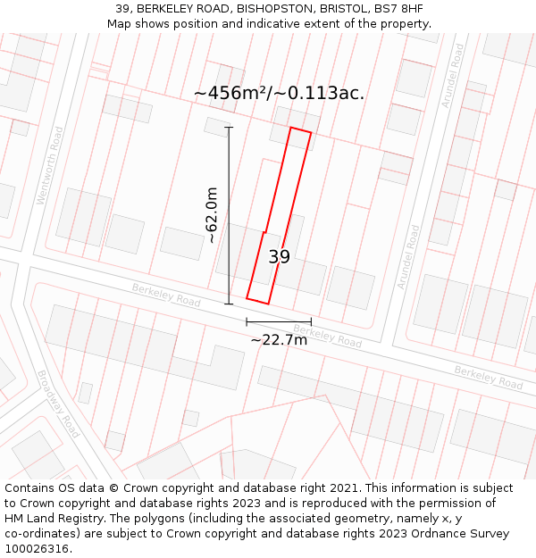 39, BERKELEY ROAD, BISHOPSTON, BRISTOL, BS7 8HF: Plot and title map