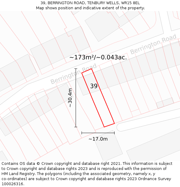 39, BERRINGTON ROAD, TENBURY WELLS, WR15 8EL: Plot and title map