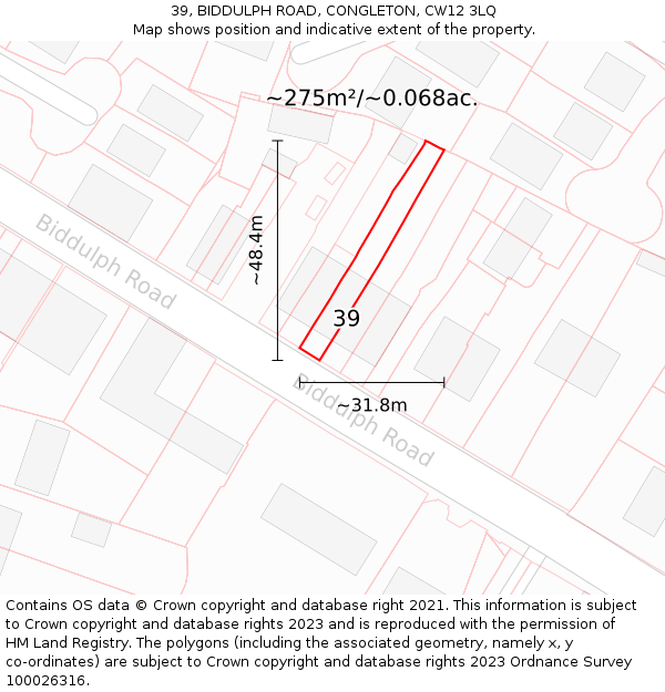 39, BIDDULPH ROAD, CONGLETON, CW12 3LQ: Plot and title map