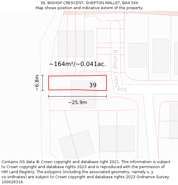 39, BISHOP CRESCENT, SHEPTON MALLET, BA4 5XX: Plot and title map