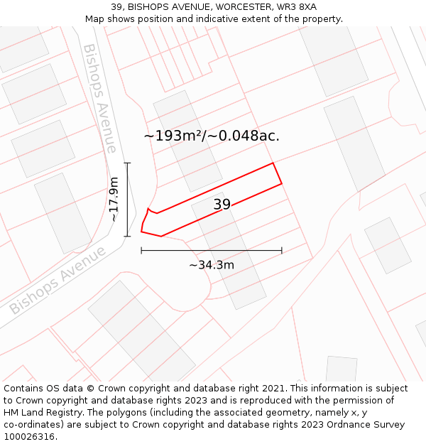 39, BISHOPS AVENUE, WORCESTER, WR3 8XA: Plot and title map